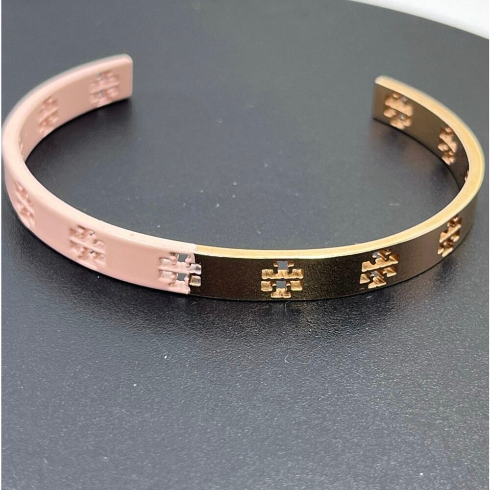 Tory Burch Pretty Pink Half Enamel Dipped Gold Plated Cuff Bracelet